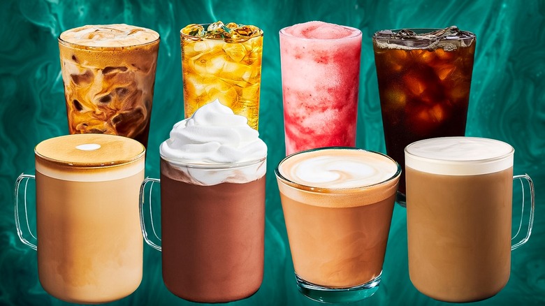 Various Starbucks drinks against an emerald green background