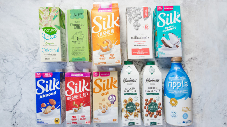 Non dairy milks on marble background