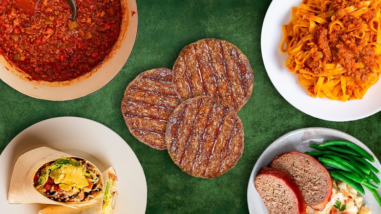 Hamburger patties and a variety of dishes