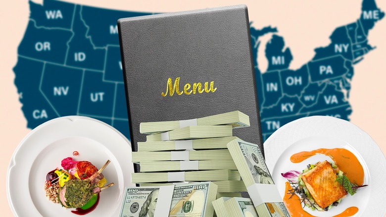 a menu and money in front of a map