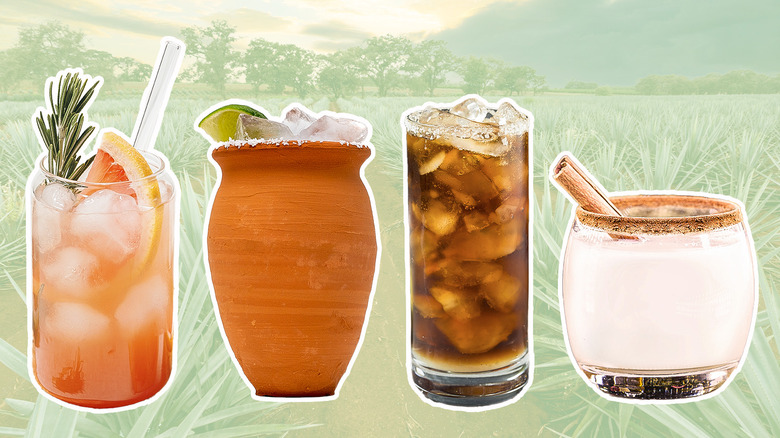 four drinks on green background with trees and grass