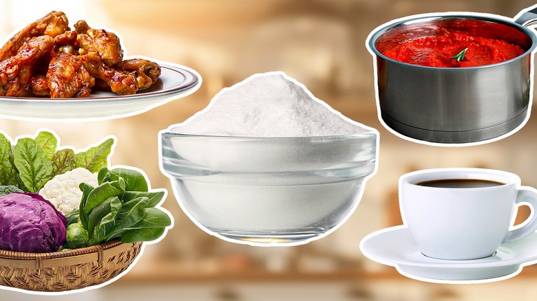 baking soda, wings, vegetables, coffee, sauce