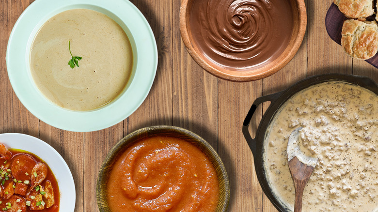 Overhead shot of assorted sauces with biscuits