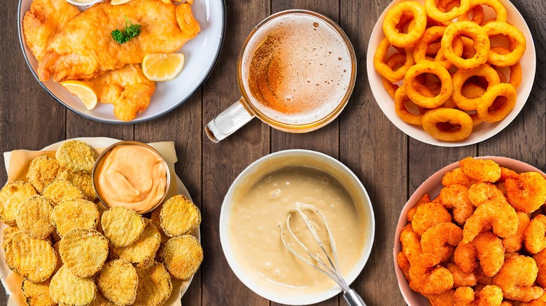 Variety of beer battered foods and beer batter