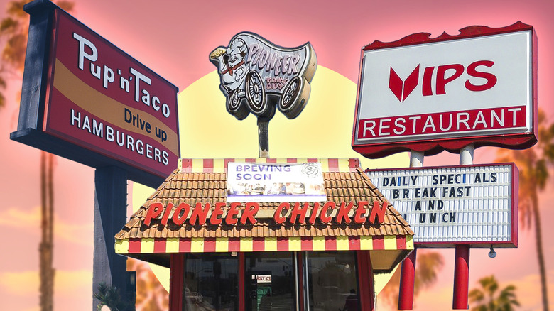 Composite image of signage from Pup 'n' Taco, VIP's Restaurant, Pioneer Chicken, and Burger Chef
