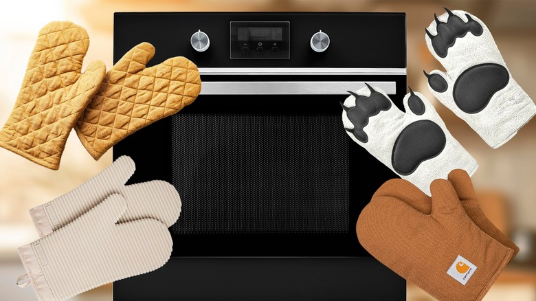 Variety of popular oven mitts and an oven