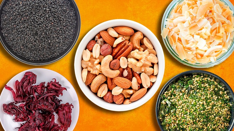 A bowl of various nuts and dried fruits