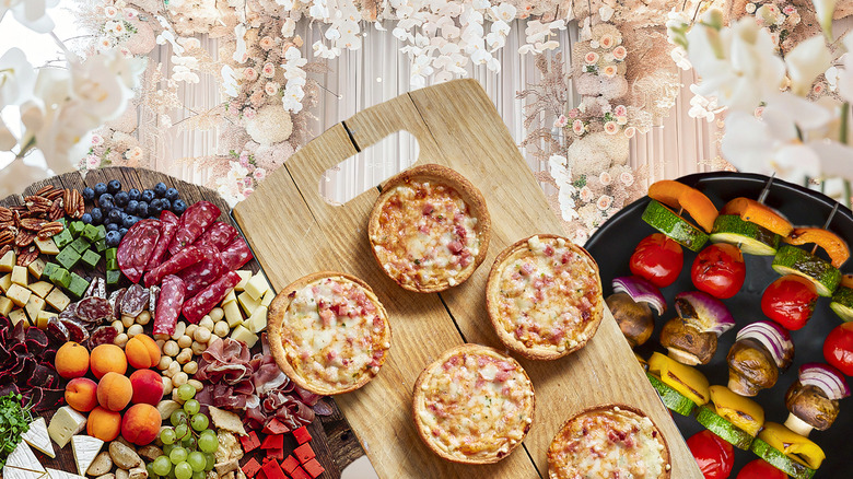 Composite image of a charcuterie platter, mini pizzas, and skewers against the background of wedding flowers