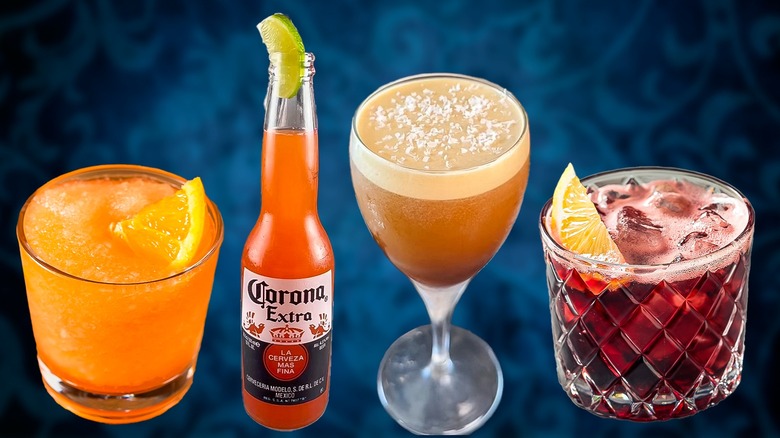 Composite image of a frozen Aperol Spritz, Corona Sunrise, Parmesean Espresso Martini, and a kalimotxo