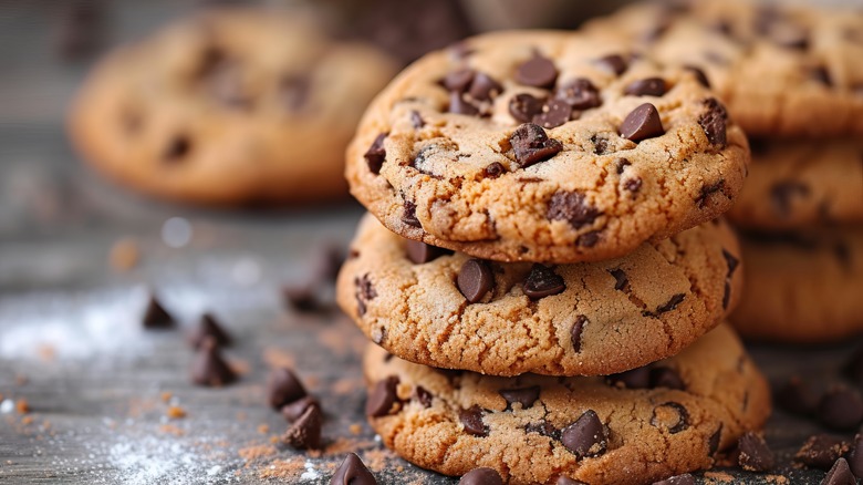 Stacks of chocolate chip cookies