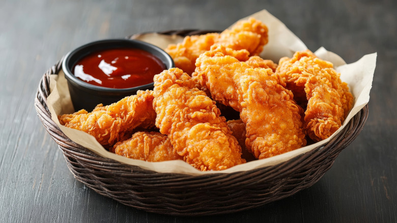 Basket of chicken tenders with ketchup