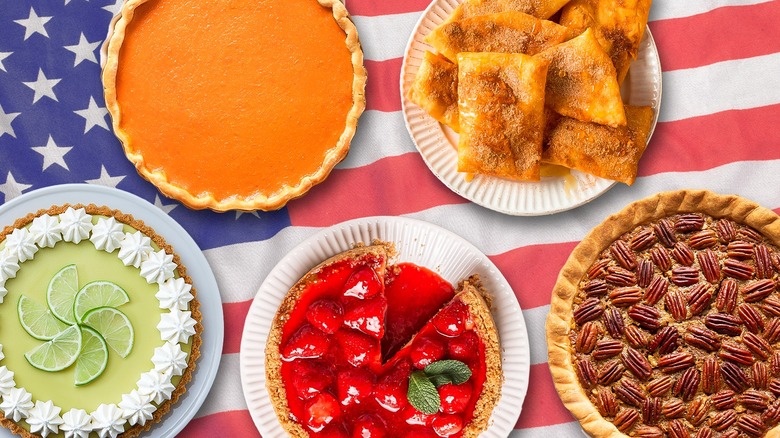 Variety of regional desserts on American flag background