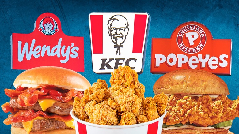 Wendy's, KFC, and Popeyes signs and products