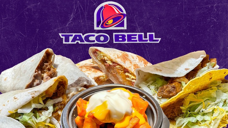 A Taco Bell logo surrounded by various menu items