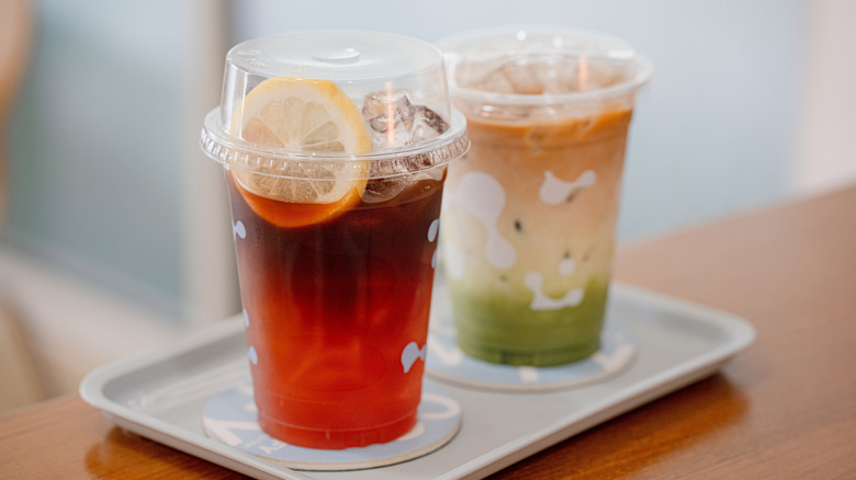 two cups of ashotchu tea, iced tea with espresso shot