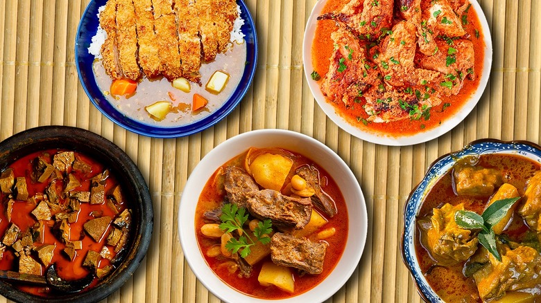 Variety of curries from around the world in dishes