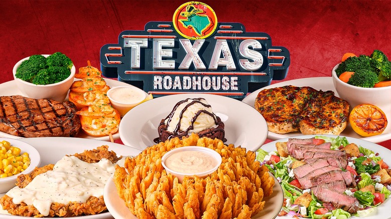 Texas Roadhouse sign and variety of the chain's unhealthiest dishes