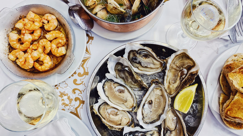 An overhead shot of assorted cooked seafood
