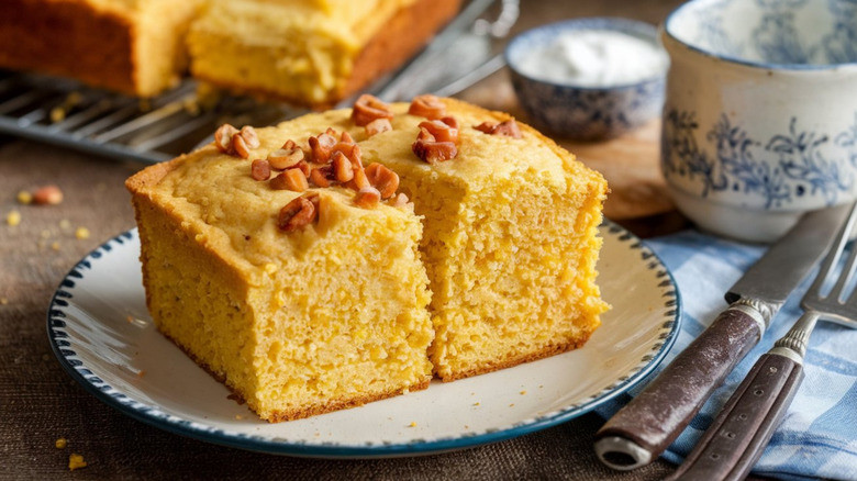 Pieces of cornbread are shown with nuts on top.