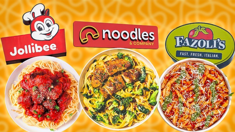 Plates of fast food pasta and fast food chain signs