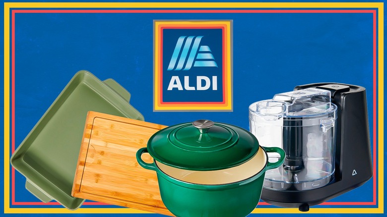 Variety of Aldi kitchen products and Aldi logo