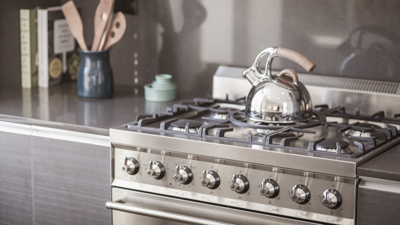 A stainless steel stove with a kettle on top