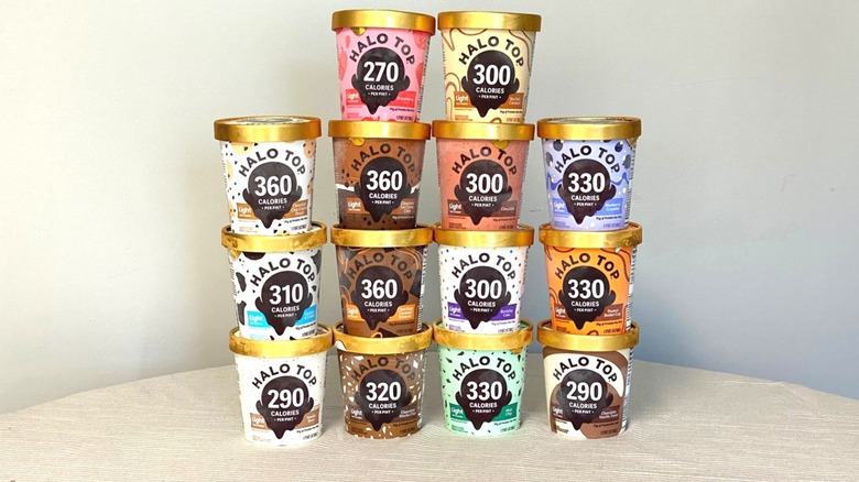 a group of Halo Top ice creams stacked vertically