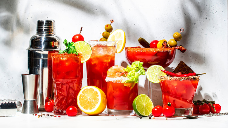 An array of Bloody Mary cocktails made with various ingredients
