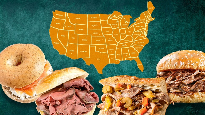 Various sandwiches in front of map of United States