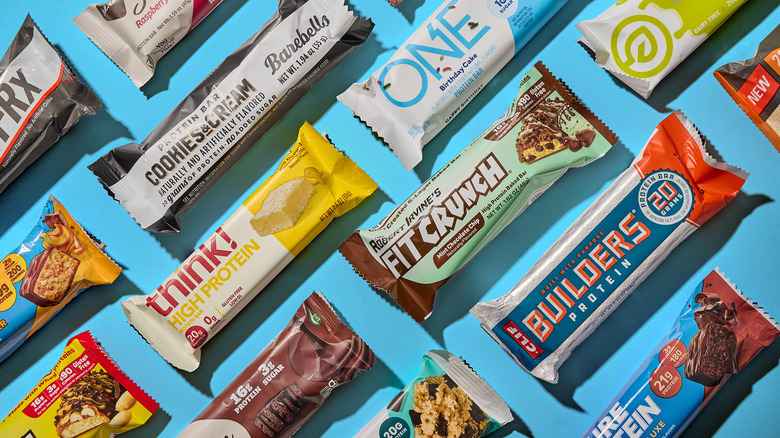 protein bars on a blue table