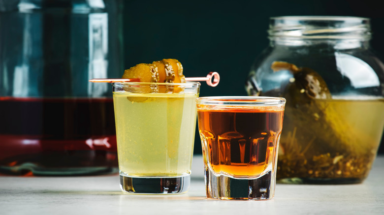Pickleback: whiskey and brine shot glasses