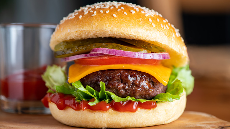 Closeup of cheeseburger
