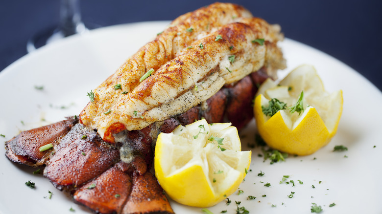 Lobster tail with cut lemons set beside it on a plate