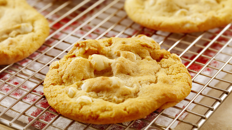 White chocolate cookies cooling on oven rack