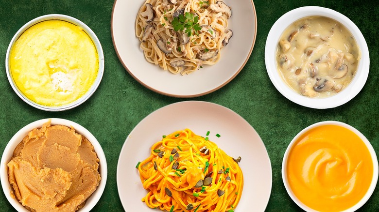 several pasta sauces and pasta dishes in bowls