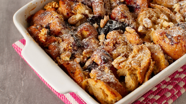 casserole dish with bread pudding