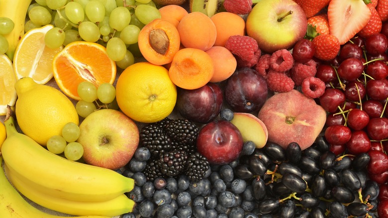 An array of fruits arranged by color from yellow to orange to purple to red