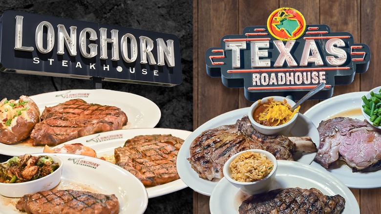 Texas Roadhouse and LongHorn Steakhouse signs and steaks