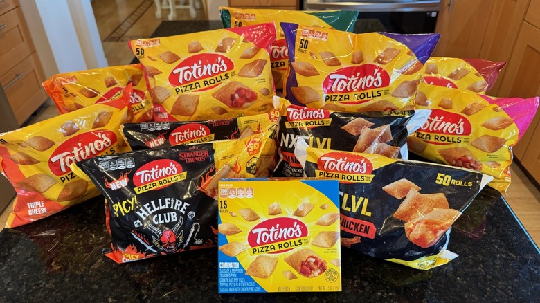 Totino's Pizza Rolls flavors on black counter