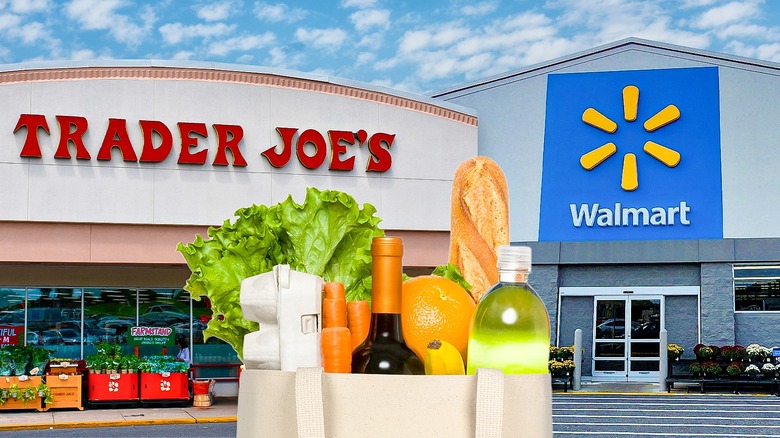 Grocery bag in front of Trader Joe's and Walmart storefronts