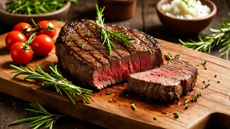 A cooked steak on a cutting board with rosemanry