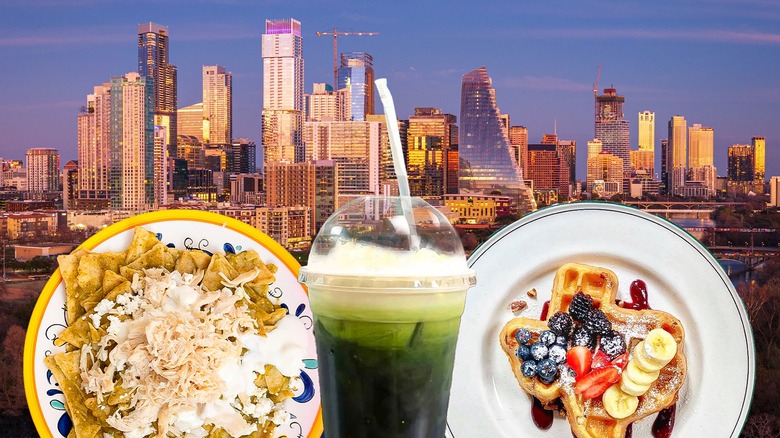 Austin skyline behind plates of waffles, nachos and a smoothie