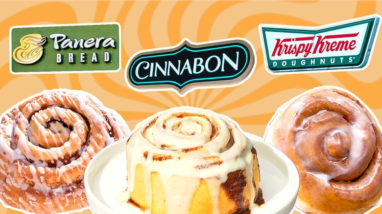 Panera Bread, Cinnabon, and Krispy Kreme signs above cinnamon rolls