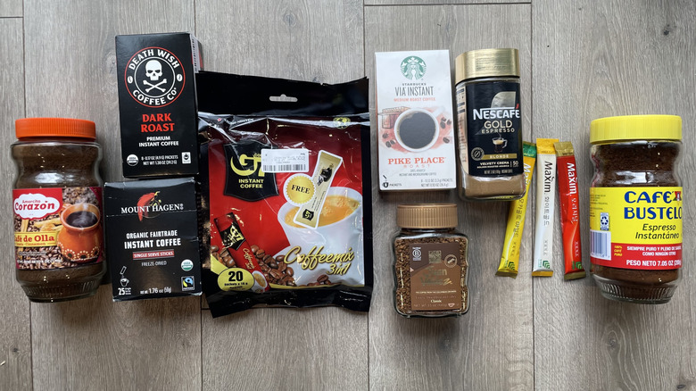 Assortment of instant coffee is shown in individual packages.