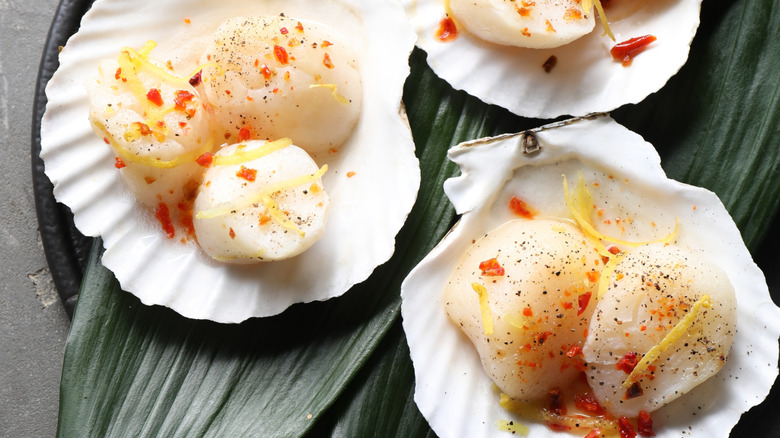 Raw scallops with seasoning on half shells