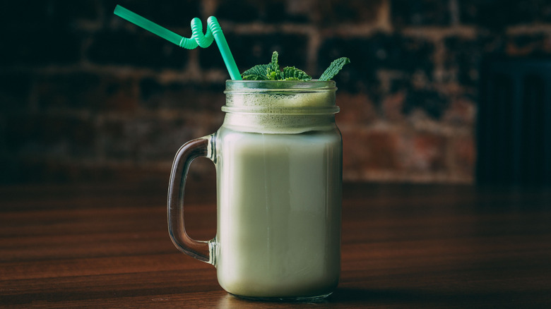 Shamrock shake with mint and bendy straw