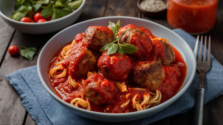 Spate of spagetti meatballs and red sauce