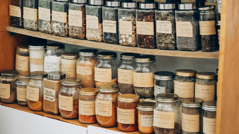 A large wall-mounted spice rack.