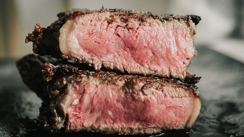 Slices of medium-rare steak