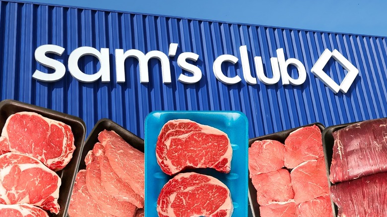 Sam's Club store behind superimposed cuts of steak